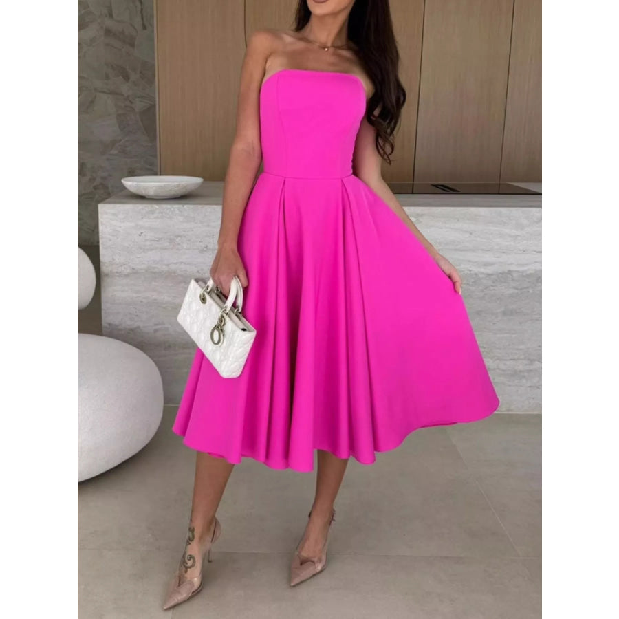Strapless Ruched A-Line Midi Dress Apparel and Accessories