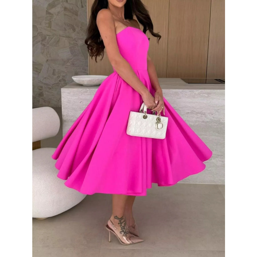 Strapless Ruched A-Line Midi Dress Apparel and Accessories