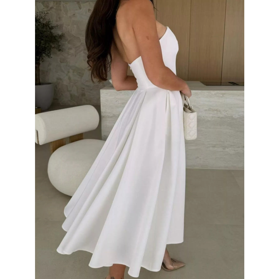 Strapless Ruched A-Line Midi Dress Apparel and Accessories