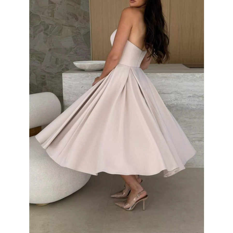 Strapless Ruched A-Line Midi Dress Apparel and Accessories