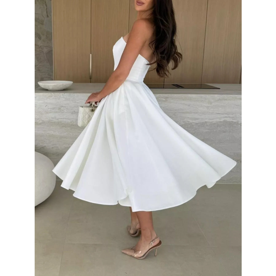 Strapless Ruched A-Line Midi Dress Apparel and Accessories