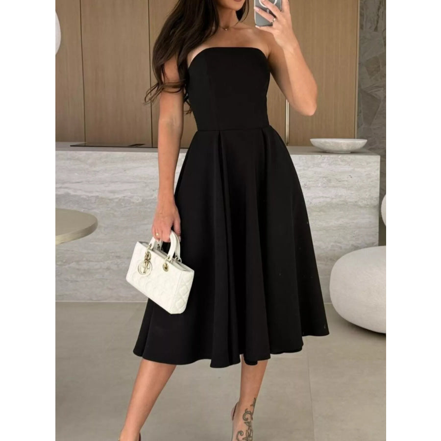 Strapless Ruched A-Line Midi Dress Apparel and Accessories