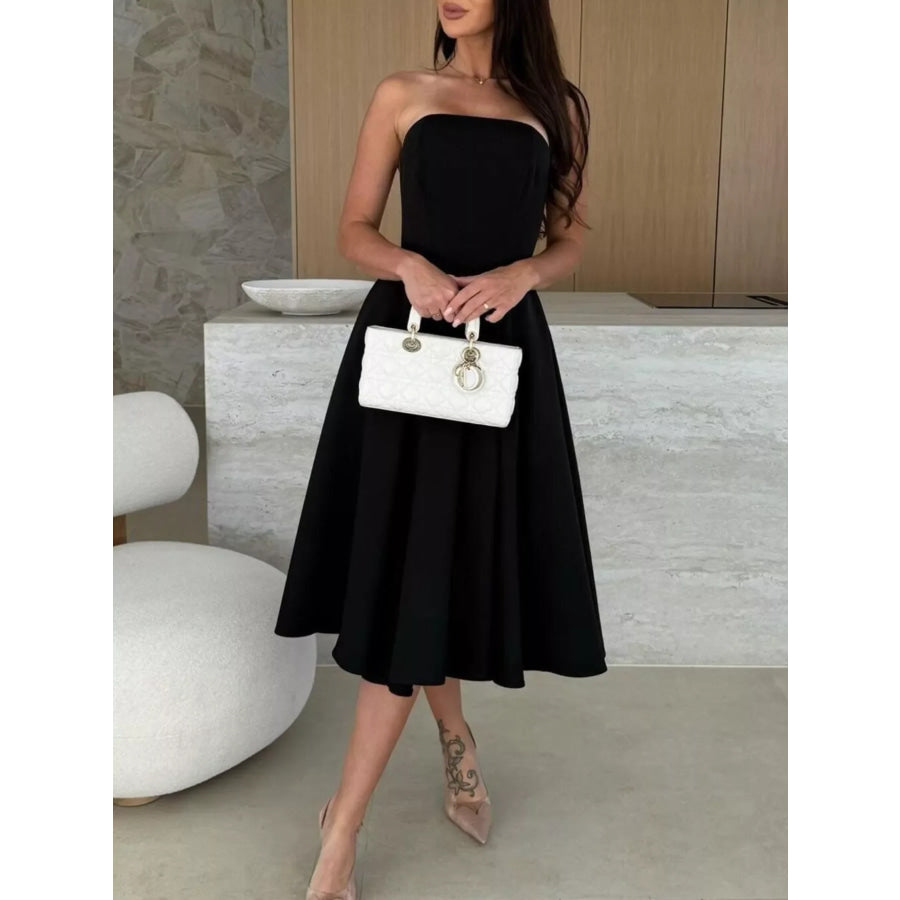 Strapless Ruched A-Line Midi Dress Black / S Apparel and Accessories