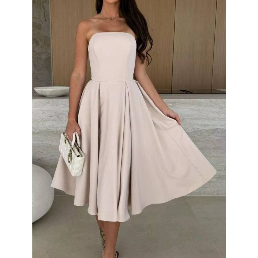 Strapless Ruched A-Line Midi Dress Dust Storm / S Apparel and Accessories