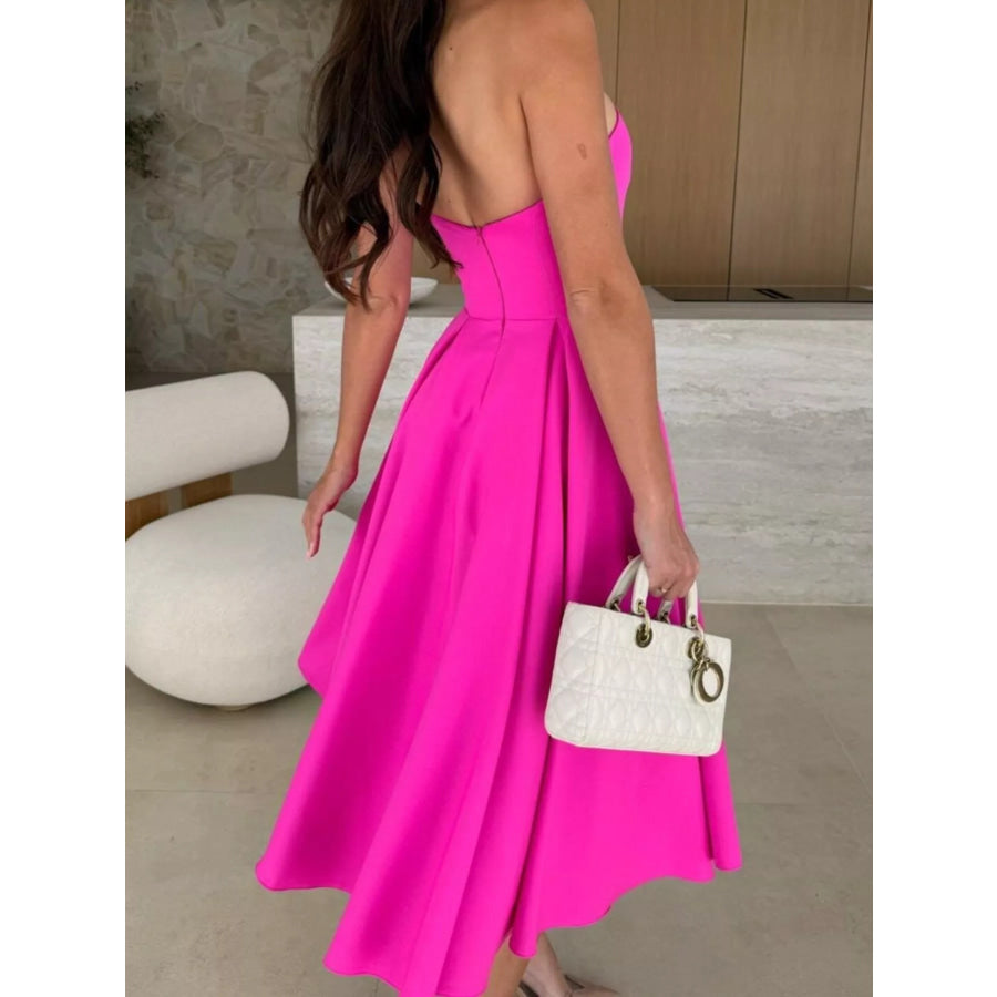 Strapless Ruched A-Line Midi Dress Fuchsia Pink / S Apparel and Accessories
