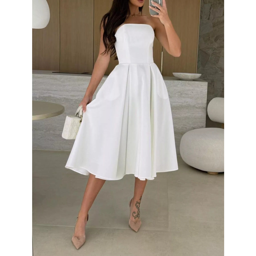 Strapless Ruched A-Line Midi Dress White / S Apparel and Accessories