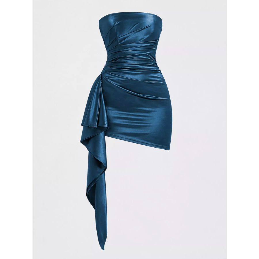 Strapless Ruched Asymmetric Mini Dress Apparel and Accessories