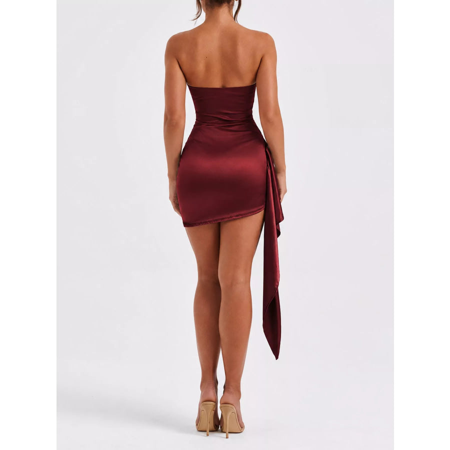 Strapless Ruched Asymmetric Mini Dress Apparel and Accessories