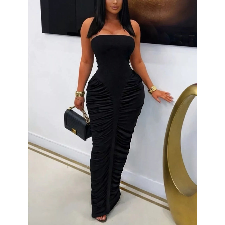 Strapless Ruched Bodycon Maxi Dress Black / S Apparel and Accessories