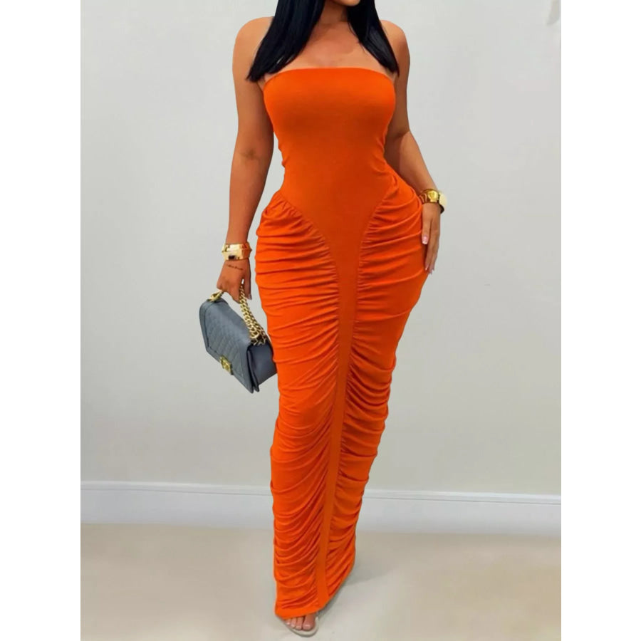 Strapless Ruched Bodycon Maxi Dress Orange / S Apparel and Accessories