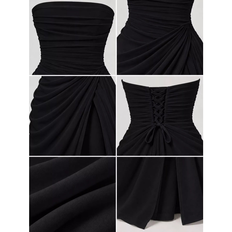 Strapless Ruched High-Slit Evening Maxi Dress Apparel and Accessories