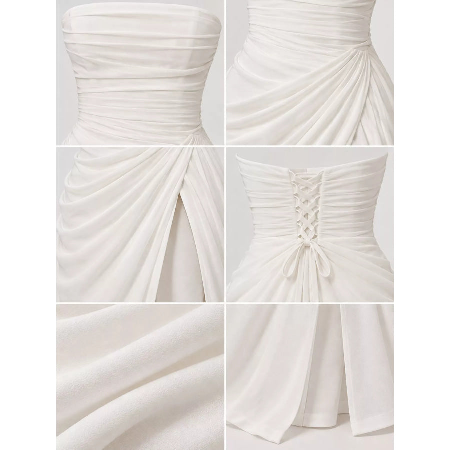 Strapless Ruched High-Slit Evening Maxi Dress Apparel and Accessories