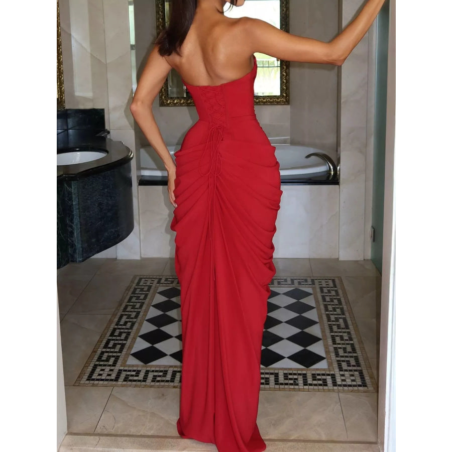 Strapless Ruched High-Slit Evening Maxi Dress Apparel and Accessories
