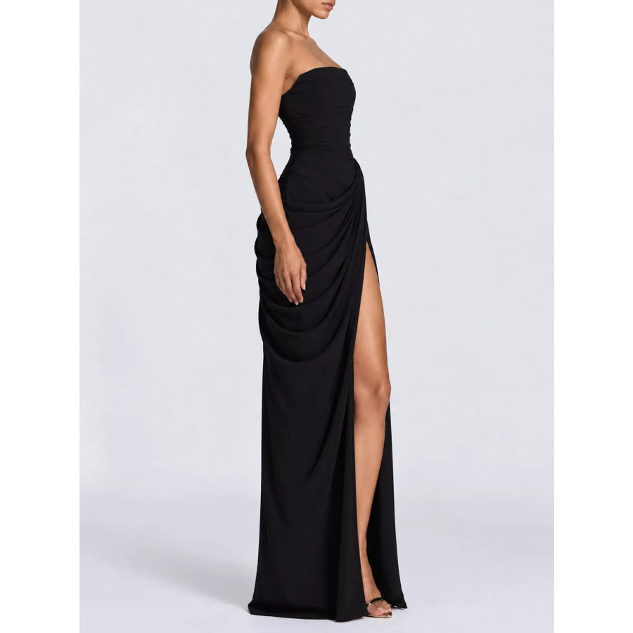Strapless Ruched High-Slit Evening Maxi Dress Apparel and Accessories