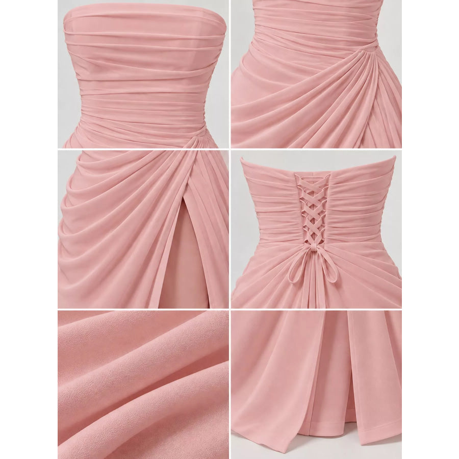Strapless Ruched High-Slit Evening Maxi Dress Apparel and Accessories