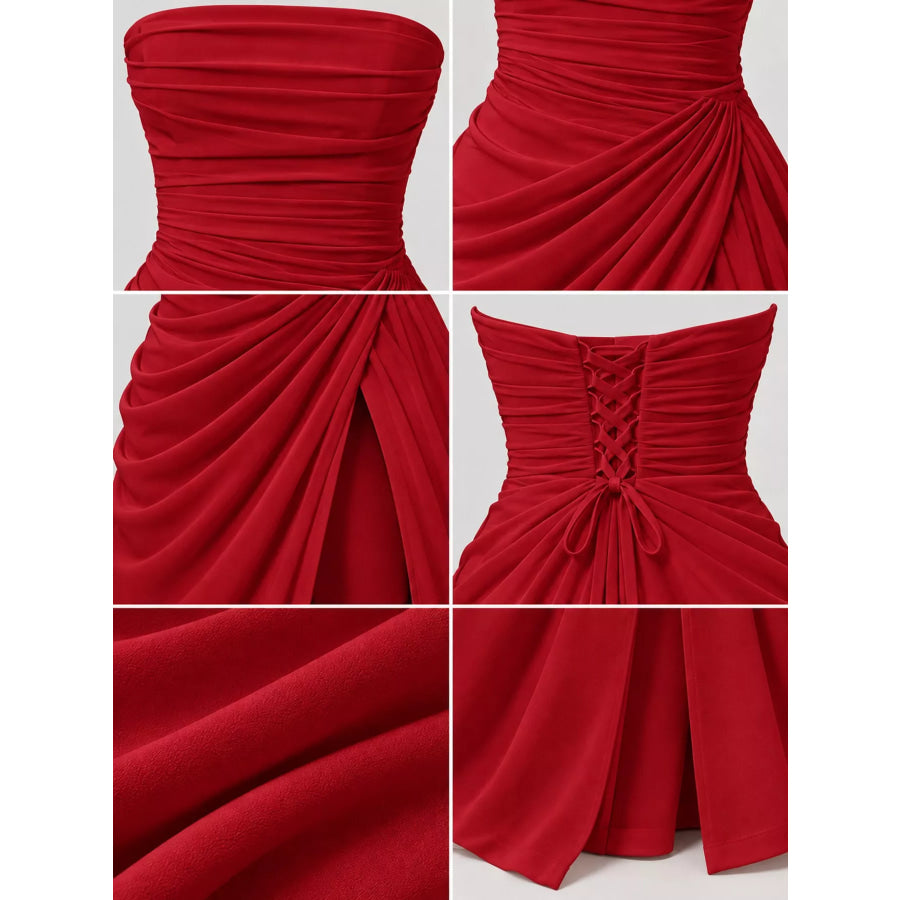 Strapless Ruched High-Slit Evening Maxi Dress Apparel and Accessories