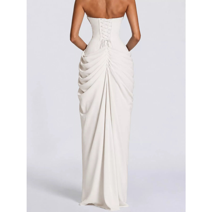 Strapless Ruched High-Slit Evening Maxi Dress Apparel and Accessories