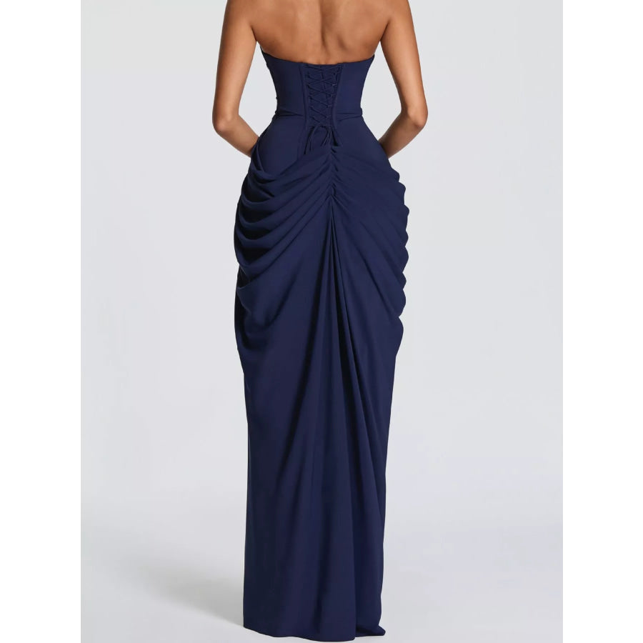 Strapless Ruched High-Slit Evening Maxi Dress Apparel and Accessories