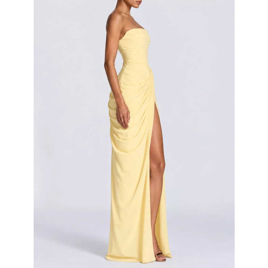 Strapless Ruched High-Slit Evening Maxi Dress Apparel and Accessories