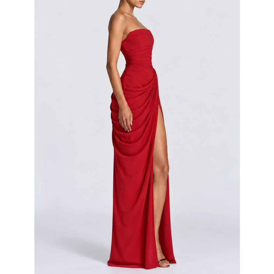 Strapless Ruched High-Slit Evening Maxi Dress Apparel and Accessories