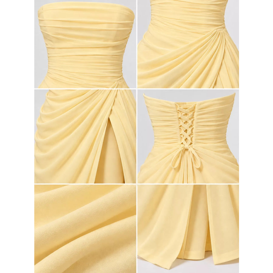 Strapless Ruched High-Slit Evening Maxi Dress Apparel and Accessories