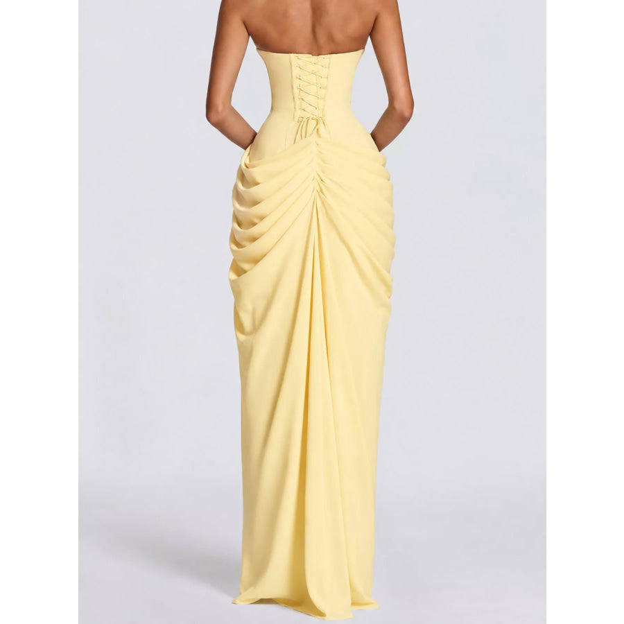 Strapless Ruched High-Slit Evening Maxi Dress Apparel and Accessories