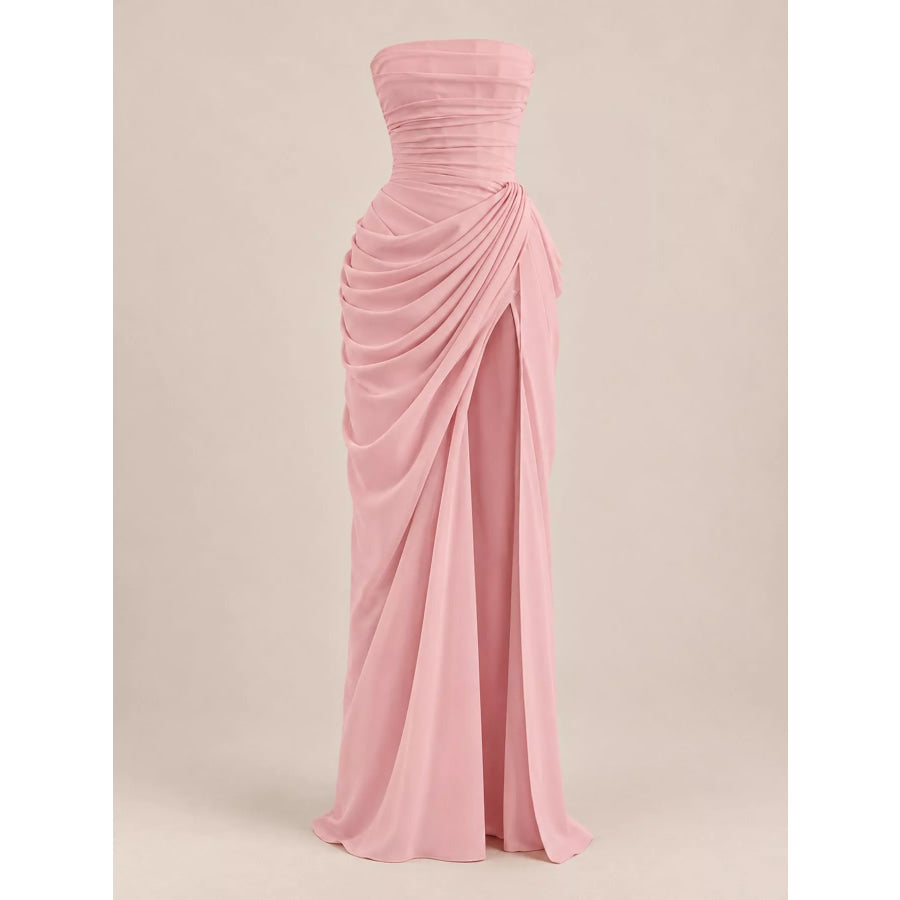 Strapless Ruched High-Slit Evening Maxi Dress Apparel and Accessories