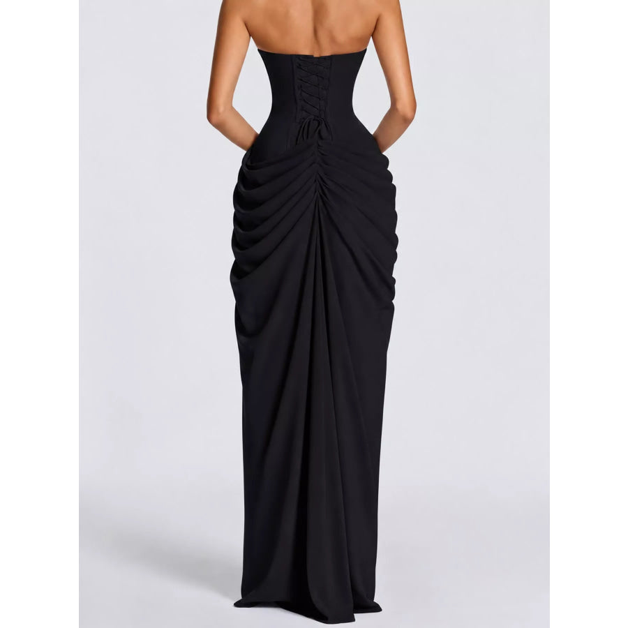 Strapless Ruched High-Slit Evening Maxi Dress Apparel and Accessories