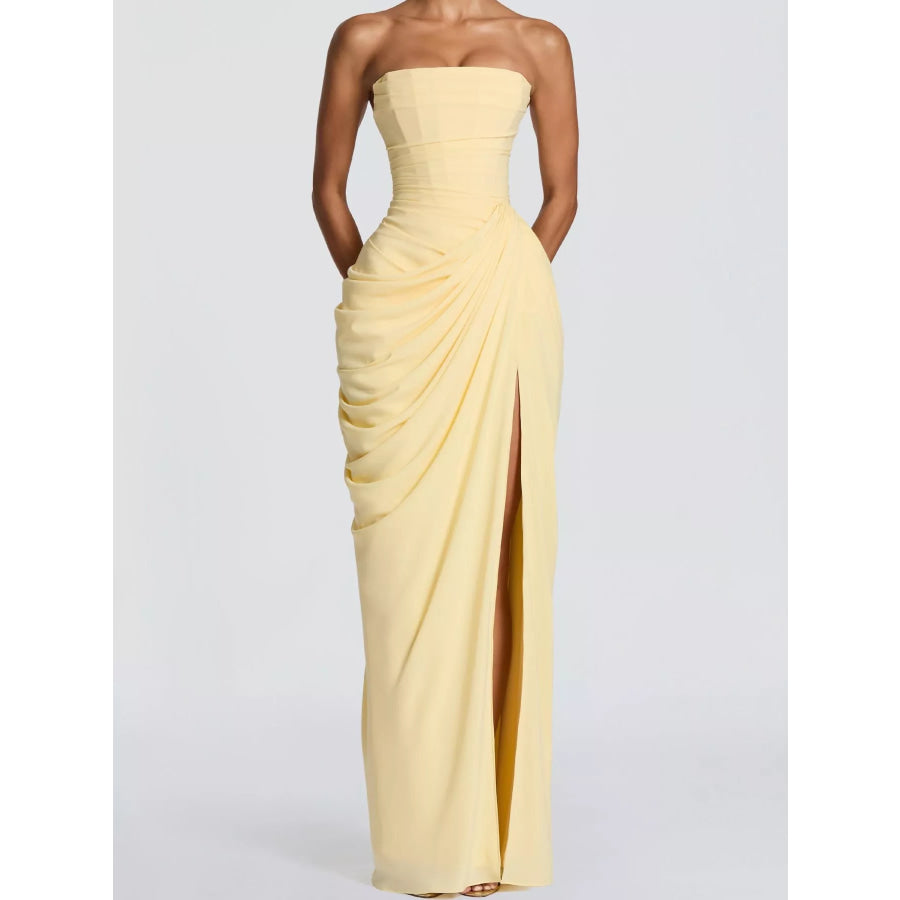 Strapless Ruched High-Slit Evening Maxi Dress Bright Yellow / S Apparel and Accessories