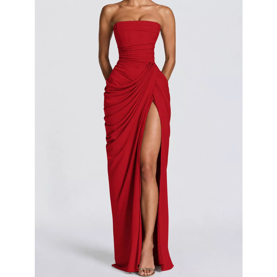 Strapless Ruched High-Slit Evening Maxi Dress Burgundy / S Apparel and Accessories