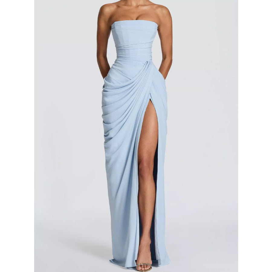 Strapless Ruched High-Slit Evening Maxi Dress Light Blue / S Apparel and Accessories