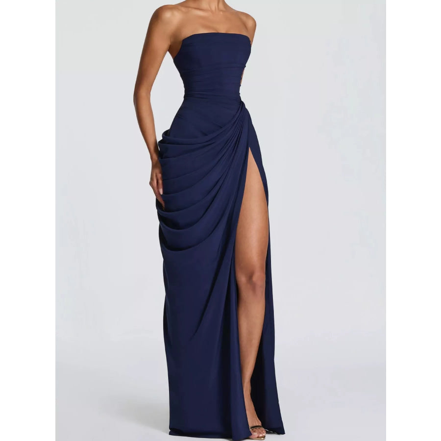 Strapless Ruched High-Slit Evening Maxi Dress Navy / S Apparel and Accessories