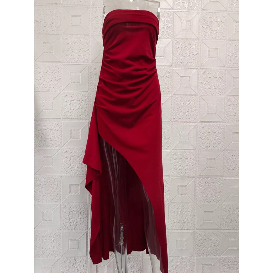 Strapless Ruched High Slit Maxi Dress Apparel and Accessories