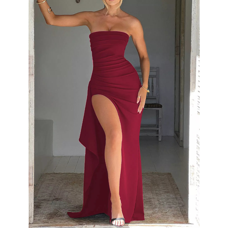Strapless Ruched High Slit Maxi Dress Apparel and Accessories