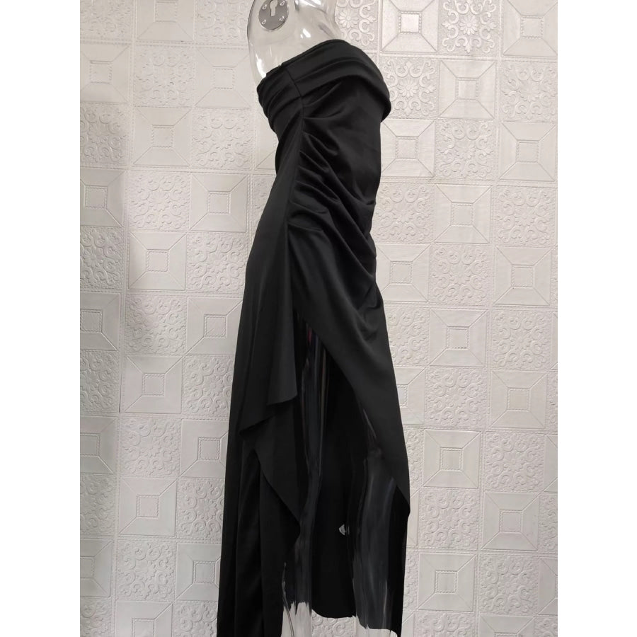 Strapless Ruched High Slit Maxi Dress Apparel and Accessories