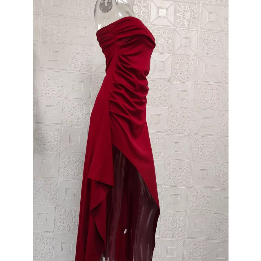 Strapless Ruched High Slit Maxi Dress Apparel and Accessories