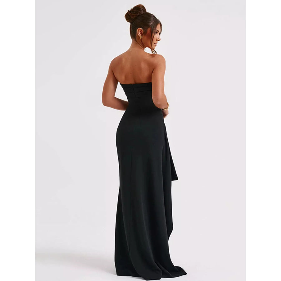 Strapless Ruched High Slit Maxi Dress Apparel and Accessories