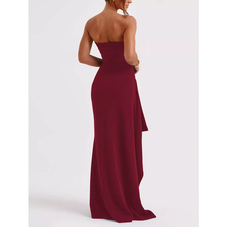 Strapless Ruched High Slit Maxi Dress Apparel and Accessories