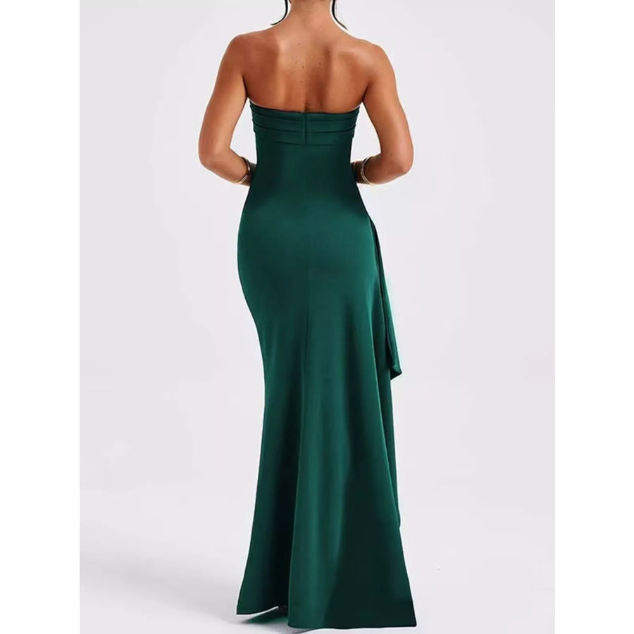 Strapless Ruched High Slit Maxi Dress Apparel and Accessories