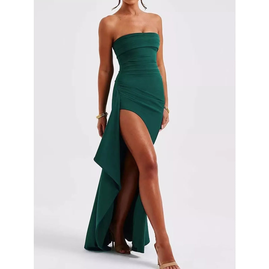 Strapless Ruched High Slit Maxi Dress Black Forest / S Apparel and Accessories