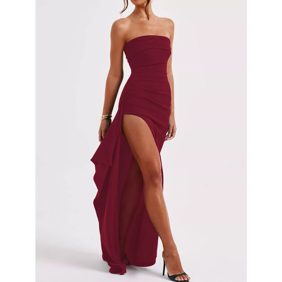 Strapless Ruched High Slit Maxi Dress Burgundy / S Apparel and Accessories