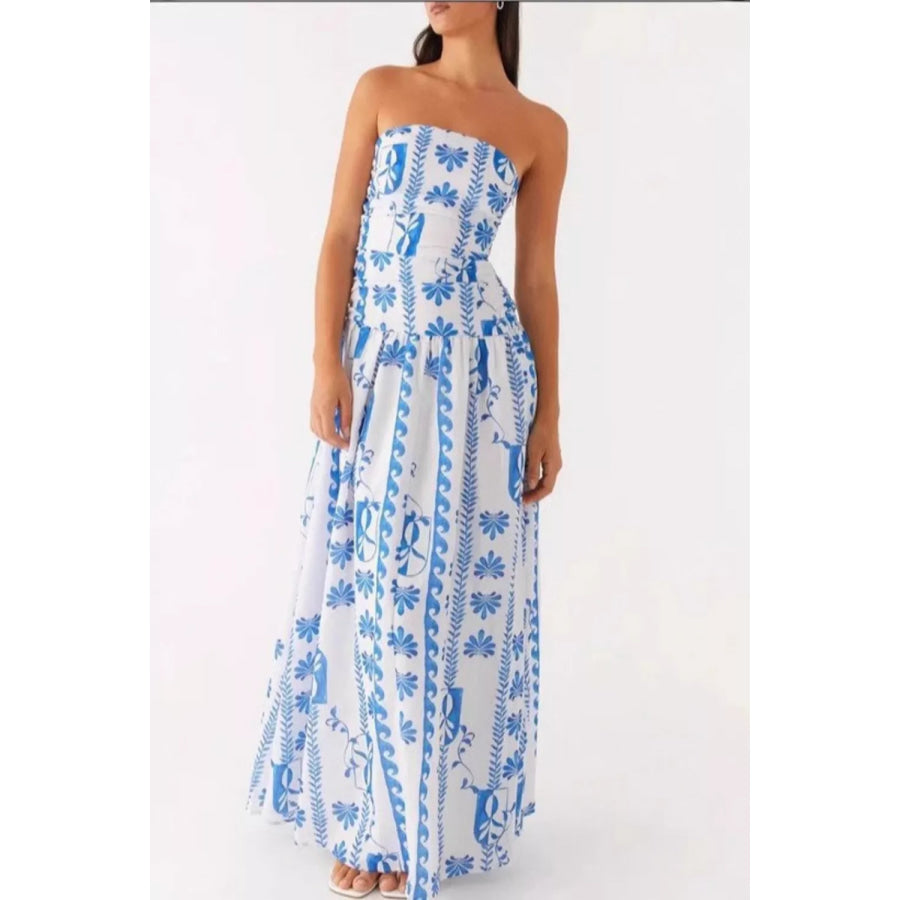 Strapless Ruched Maxi Dress Light Blue / S Apparel and Accessories