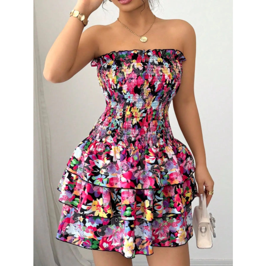 Strapless Smocked Floral Tiered Mini Dress Apparel and Accessories