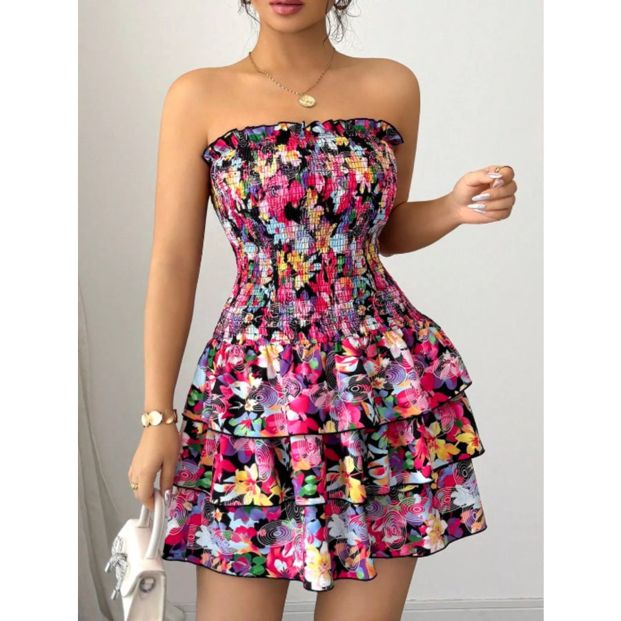 Strapless Smocked Floral Tiered Mini Dress Apparel and Accessories