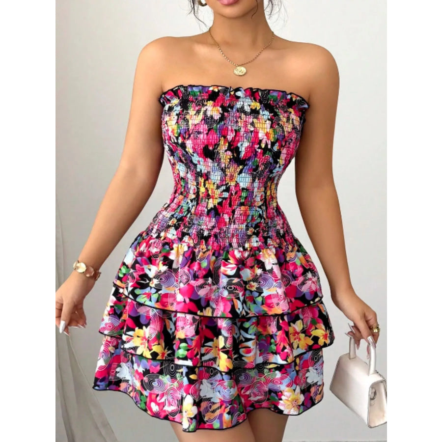 Strapless Smocked Floral Tiered Mini Dress Color / S Apparel and Accessories