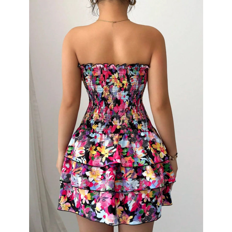 Strapless Smocked Floral Tiered Mini Dress Apparel and Accessories