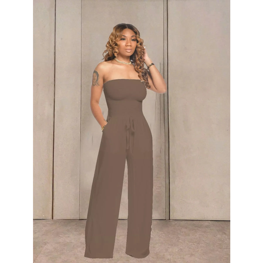Strapless Smocked Wide-Leg Jumpsuit Coffee / S Apparel and Accessories