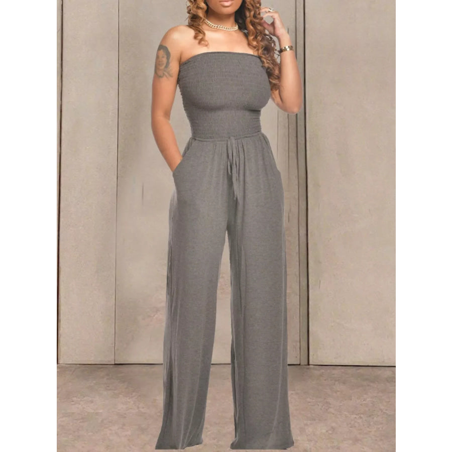 Strapless Smocked Wide-Leg Jumpsuit Grey / S Apparel and Accessories