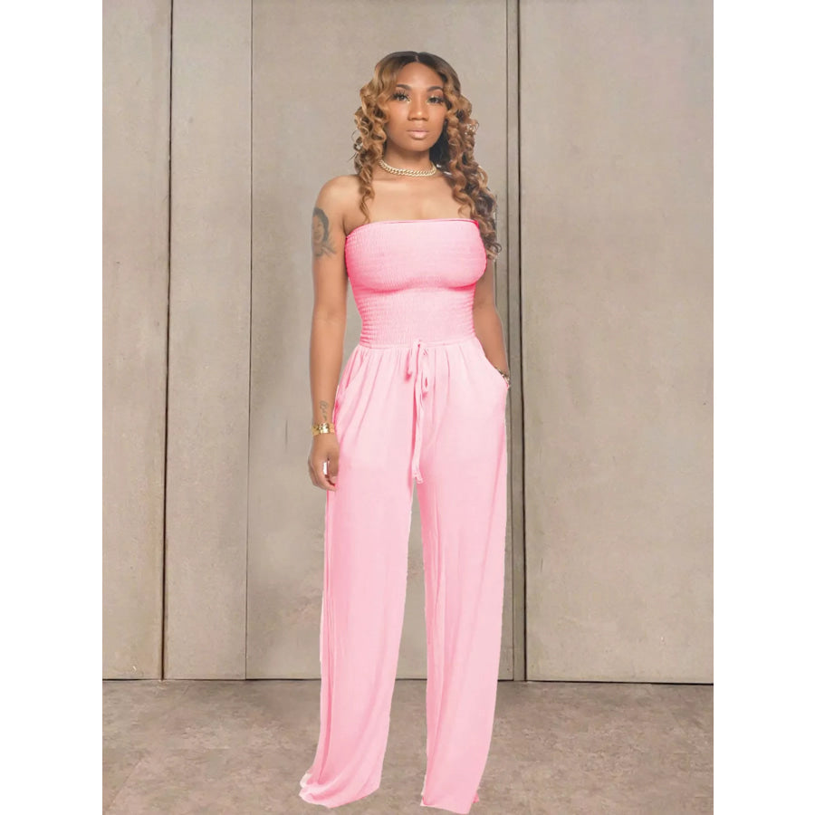 Strapless Smocked Wide-Leg Jumpsuit Pink / S Apparel and Accessories