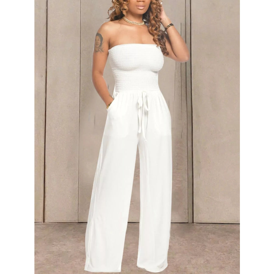 Strapless Smocked Wide-Leg Jumpsuit White / S Apparel and Accessories